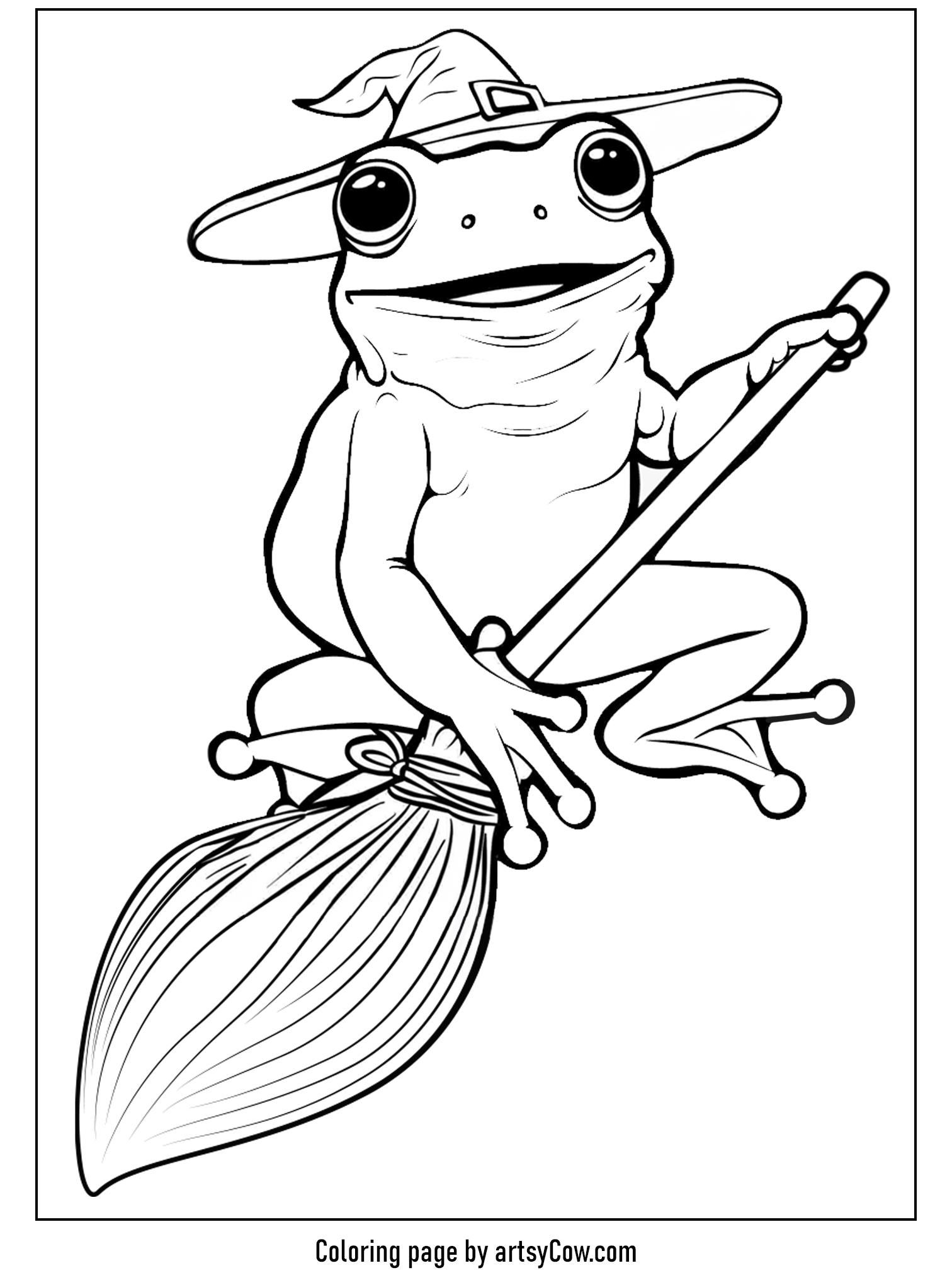 a frog dressed as a witch, riding a broom